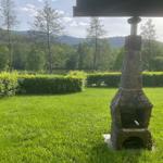 Stone oven on green lawn with view of forest and lake.