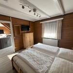 Bedroom with double bed, wood walls, and TV. Passage to living room.