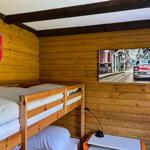 Room with wooden walls, bunk bed, and wall picture of a red car.