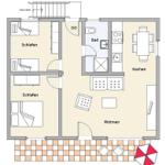 Three bedrooms, kitchen, bathroom, and living area with terrace and sun umbrella.