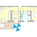 Wohnung mit Küche, Bad, Schlafzimmer und Terrasse mit Tisch und Sonnenschirm.