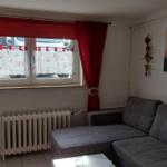 Ein Wohnzimmer mit grauem Sofa, roten Vorhängen und zwei Wandbildern.