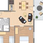Wohnung mit Küche, Essbereich, Wohnzimmer, Schlafzimmer und Bad.