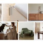 Modern furniture and textiles in a stylish living space with window view and pet.