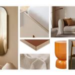 Modern furnishings including mirror, sofa, chair, and decorative elements.