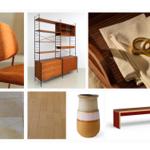 Orange seating, wooden shelving, table with cloth and decor, tile floor, hardwood flooring, vases and bench.