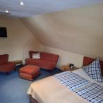 Schlafzimmer mit Bett, Sofa, Sessel und Fernseher an der Wand.