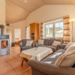 Wohnbereich mit Kaminofen, Sofa und Tisch. Küche und Schlafzimmer sind sichtbar.