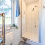 Badezimmer mit Dusche, Fenster und Handtuchhalter