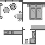 Wohnung mit Küche, Schlafzimmer und Bad. Essbereich mit Tisch und Stühlen.