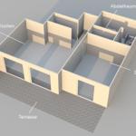 Wohnen/Kochen, Schlafzimmer, Bad, Abstellraum und Terrasse sind im Grundriss dargestellt.