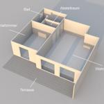 Wohnung mit Schlafzimmer, Bad, Wohnbereich, Terrasse und Abstellraum.