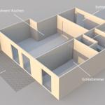 Wohnung mit zwei Schlafzimmern, Bad, Balkon und Wohn-/Kochbereich.