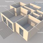 Wohnung mit zwei Schlafzimmern, Bad, Balkon und Treppenhaus.