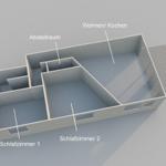 Dieses Haus hat zwei Schlafzimmer, ein Bad, einen Wohnbereich, einen Balkon und einen Abstellraum.