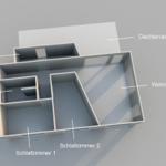 Übersicht über die Räume: Schlafzimmer, Bad, Wohnküche, Dachterrasse und Abstellraum.