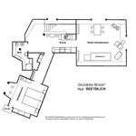 Grundriss der Wohnung REETBLICK mit Küche, Wohnbereich, Schlafzimmer und Bad.