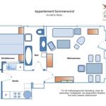 Grundriss des Apartments Sommerwind mit Wohnzimmer, Schlafzimmer, Küche und Terrasse.