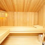 Sauna mit Holzbank, Thermostat und Badekessel.