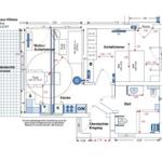 Plan des Bungalows mit Wohnbereich, Küche, Schlafzimmer, Bad und Sauna.