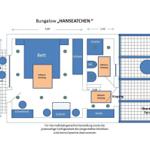 Bungalow mit Schlafzimmer, Küche, Bad und Terrasse. Infrarot-Heizung vorhanden.