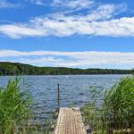 Ein Steg führt zu einem See mit Booten und grüner Umgebung.