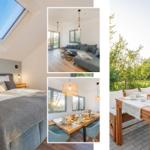 Schlafzimmer mit Dachschrägen, Wohnbereich mit Sofa, Essbereich und Außenterrasse mit Frühstück.