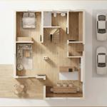 Wohnung mit Schlafzimmer, Wohnbereich, Küche und Bad. Außenbereich mit Parkplätzen.