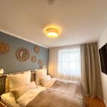 Schlafzimmer mit Bett, Fenster, TV und Wanddekoration.