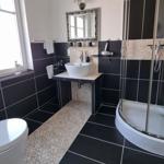 Bathroom with shower, sink and toilet. Black tiles and mosaic tiles.