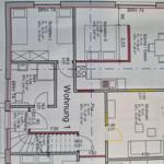 Apartment with kitchen, two bedrooms, bathroom, and living area. Areas marked.