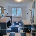 Bathroom with shower, bathtub, and two sinks.