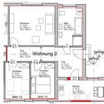 Apartment 2 with living room, kitchen, bathroom, and two bedrooms.