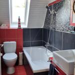 Bathroom with bathtub, sink, and toilet. Walls tiled in red and black.