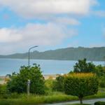 Blick auf einen See mit Strand, Bäumen und einem Hügel im Hintergrund.