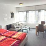 Ein Schlafzimmer mit Bett, Sofa, Esstisch und großem Fenster.