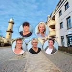 Ferienhaus mit Leuchtturm im Hintergrund und fünf Personenporträts.