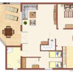 Dieses Haus hat eine Terrasse, Wohnbereich, Schlafzimmer, Küche und Bad.