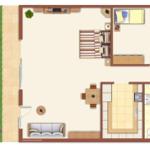 Wohnung mit Schlafzimmer, Bad und Terrasse. Küche und Wohnbereich sind integriert.