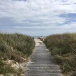 Holzweg durch Dünen zur Strandpromenade mit Strandkörben