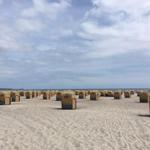 Strand mit vielen gelben Strandkörben und blauem Himmel.