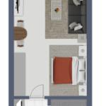 Wohnung mit Schlafzimmer, Wohnbereich, Küche und Bad. Terrasse mit Sitzgelegenheiten.