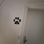 Wand mit Pfotenabdruck-Aufkleber und Tür