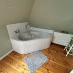Bath with corner bathtub, wooden floor, and patterned wall cladding.
