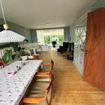 Dining area with table, chairs, and plant. Wooden floor and white furniture are visible.