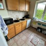 Kitchen with wooden cabinets, two sinks, microwave, and window overlooking greenery.