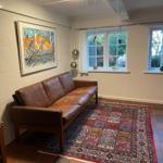 A living room with a brown leather sofa, a colorful rug, and two windows with a view of greenery.