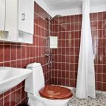 Badezimmer mit Dusche, Toilette und Waschbecken. Wandfliesen in Rottönen.