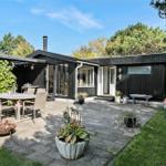 Schwarzes Holzhaus mit Terrasse, Gartenmöbeln und Grillplatz. Umgeben von Bäumen und Gras.
