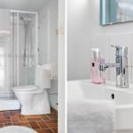 Badezimmer mit Dusche, Toilette und Waschbecken mit Wasserhahn.